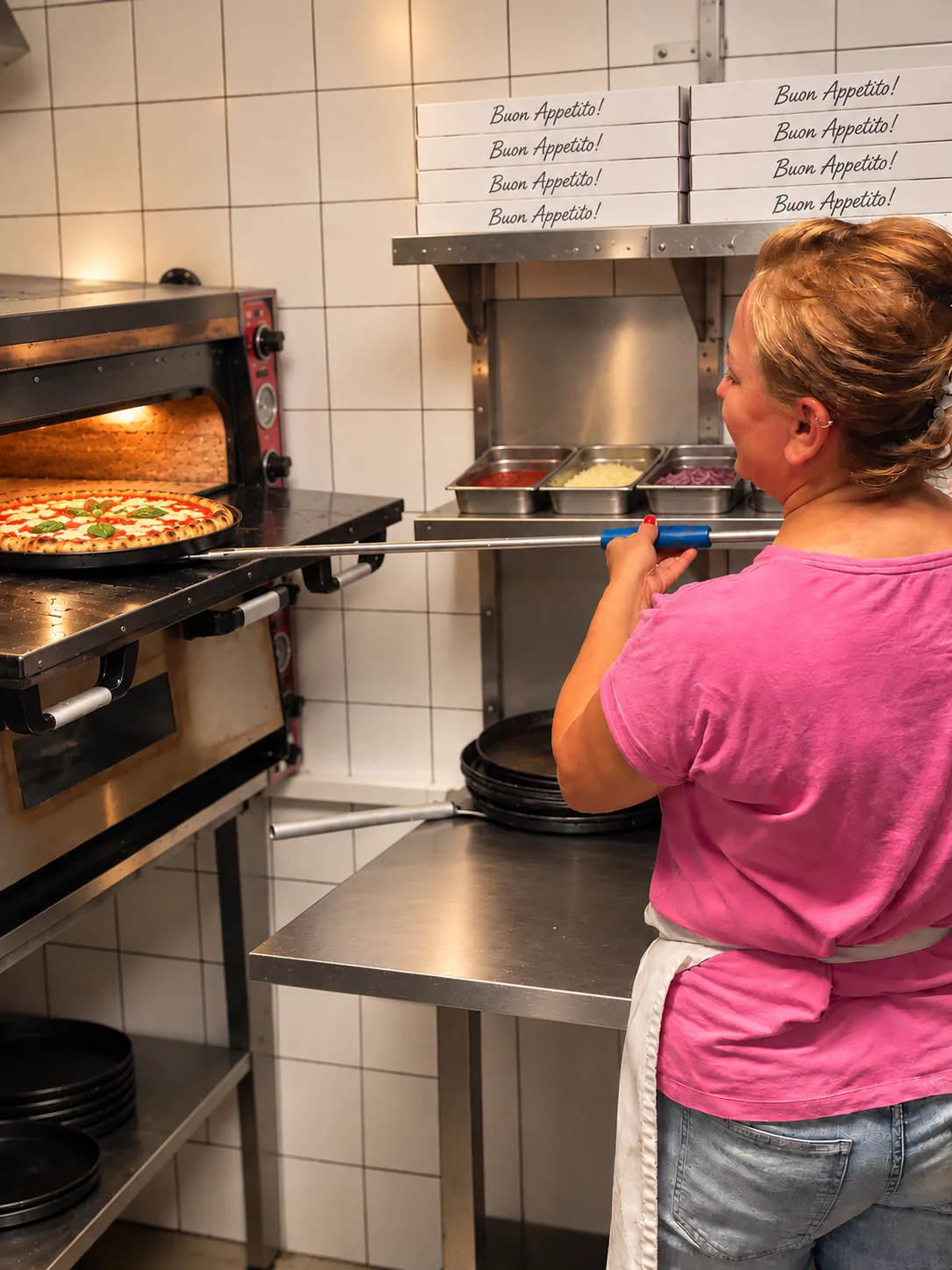 Mitarbeiterin holt frische Pizza aus dem Ofen