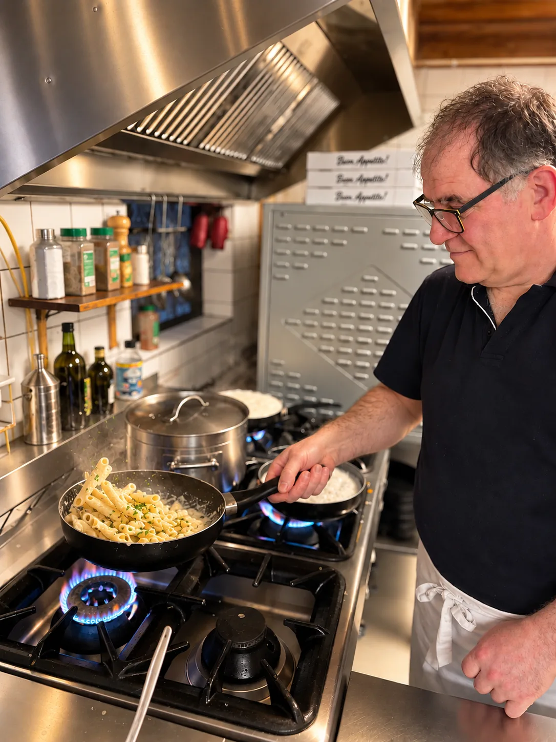 Mitarbeiter bereitet Pasta in der Küche des Casalino zu