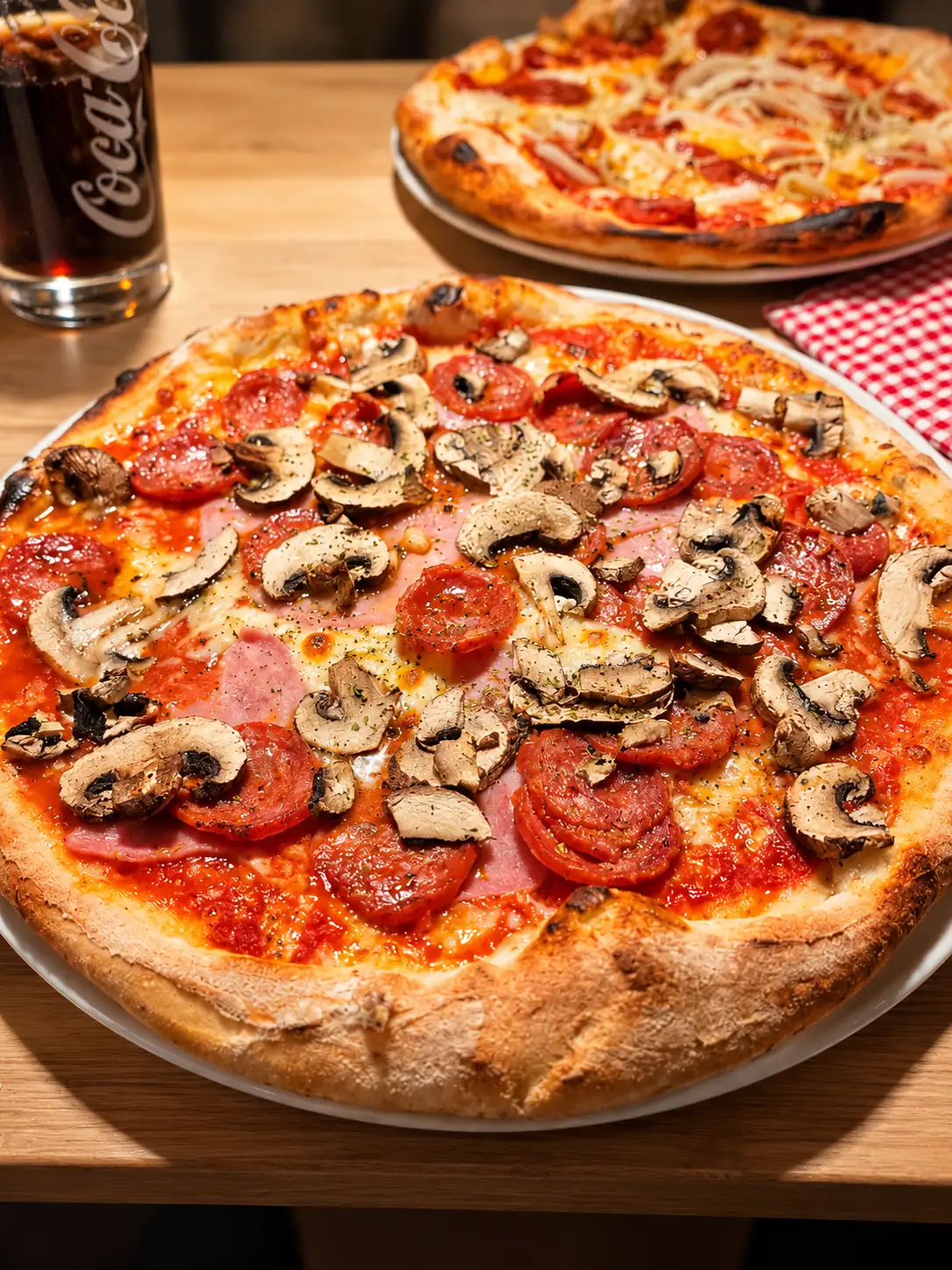 Frisch gebackene Pizza mit Champignons, Salami und Schinken