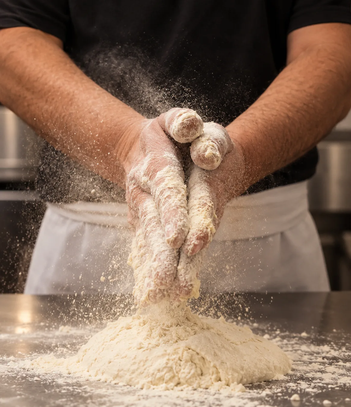 Hände kneten frischen Pizzateig – am Vortag von Hand zubereitet